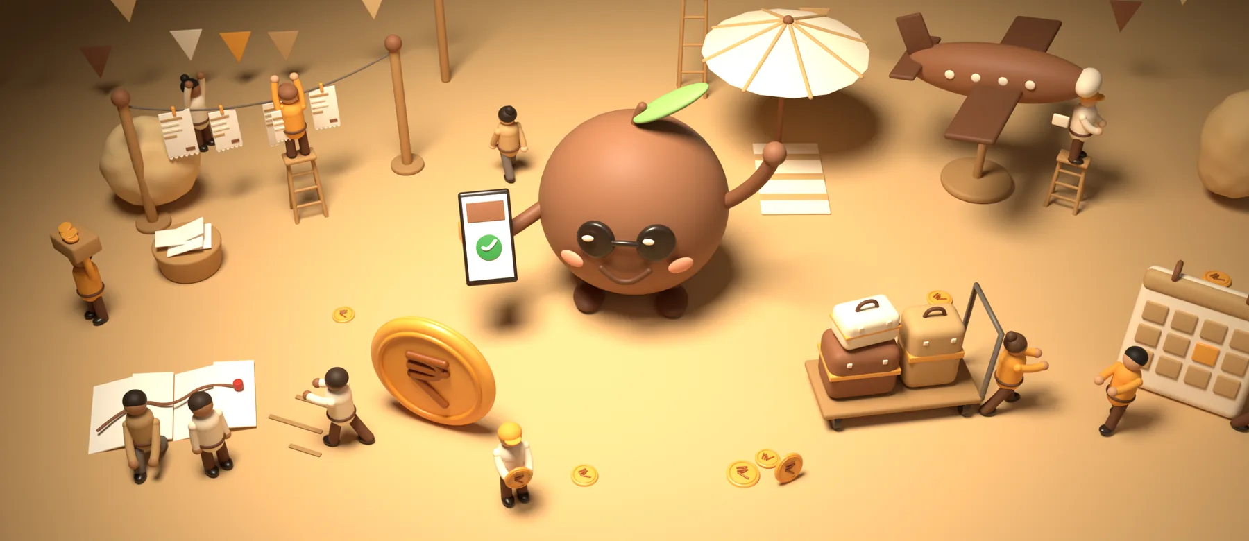 Chikoo the mascot holding up a settled-up phone while tiny friends roll a giant rupee coin, load luggage, read a map and pin receipts to a washing line